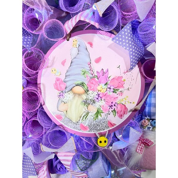 Handmade Spring Floral Bee Gnome Prelit Ribbon Wreath 22 in LED W1 - Picture 4 of 10